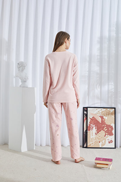 Siyah İnci Pink Top-Bottom Fleece Embroidered Pajama Set