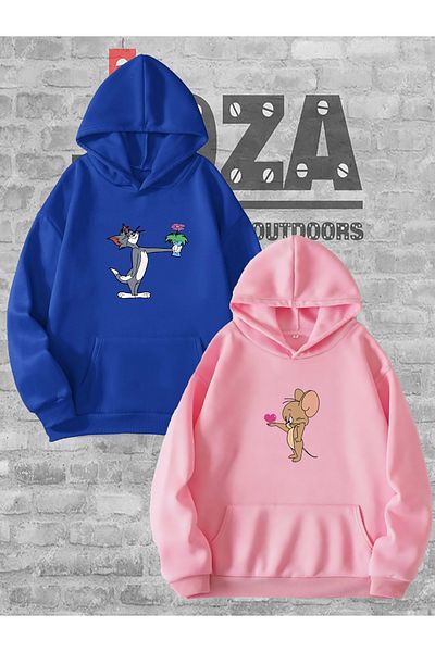 Joza Outdoors Γυναικεία Ανδρικά Unisex Φούτερ 2 τεμαχίων Φούτερ με κουκούλα σε συνδυασμό με λουλουδάτο Tom Jerry Lover Couple