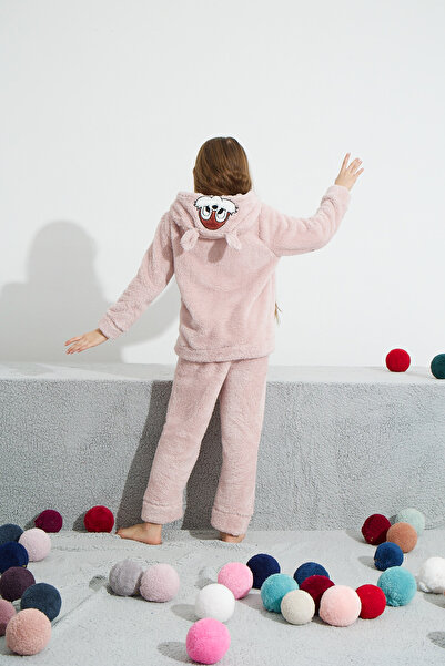 Siyah İnci pudra Alt-Üst Wellsoft Kapişonlu Nakışlı Cepli Pijama Takım