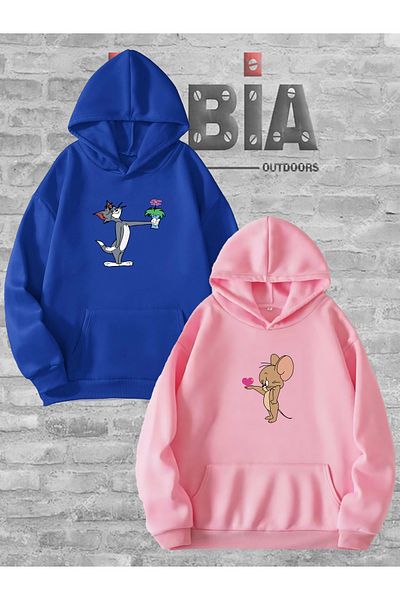 Jobia Outdoors Femei Bărbați Tom și Jerry Imprimat Iubitor Cuplu Combinație Design Hanorac cu glugă Set de 2