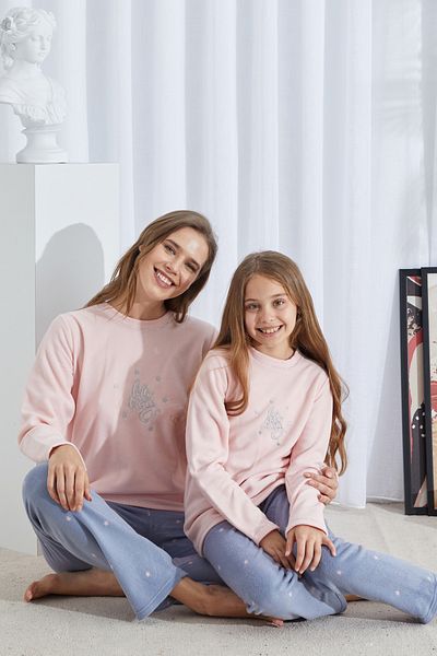Siyah İnci Pink Patterned Bottom-Top Polar Embroidered Pajama Set