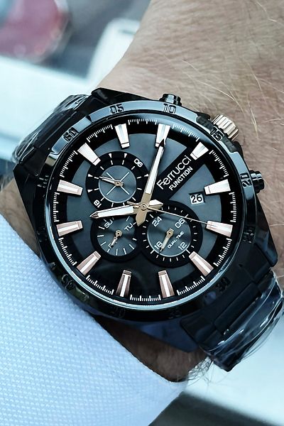 Ferrucci Men's Wristwatch 3 Atm Waterproof Black Color Steel Strap + Bracelet FRE2036C5