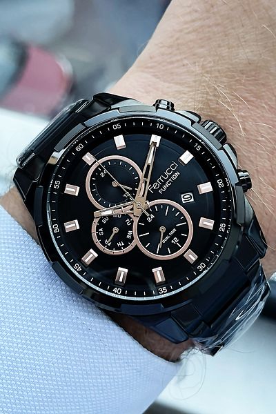 Ferrucci Function Men's Wristwatch 3 Atm Waterproof Black Color Steel Strap