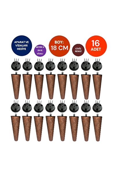 TNT 16'lı Ceviz Renk 18 Cm Ahşap Konik Ayak Koltuk Ayağı-baza-tv Ünitesi-mobi...