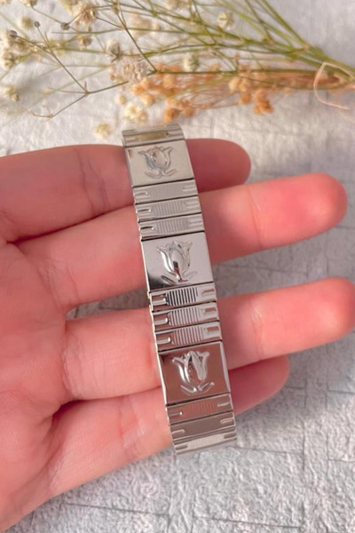 Jaida Moda Women's Silver Color Tulip Figured Elastic Steel Bracelet