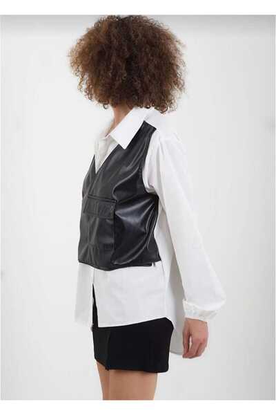 BEBE PLUS BEYAZ ÖNDEN DERİ YELEK DETAYLI GÖMLEK