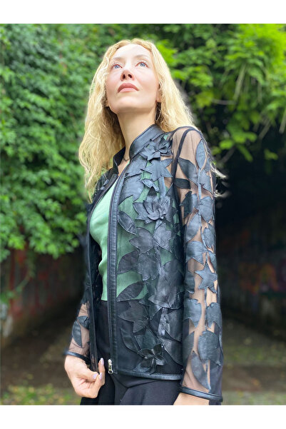 Genel Markalar Hakiki Deri Ceket Tül Üzerine Patchwork İşlemeli Özel Tasarım El Yapımı