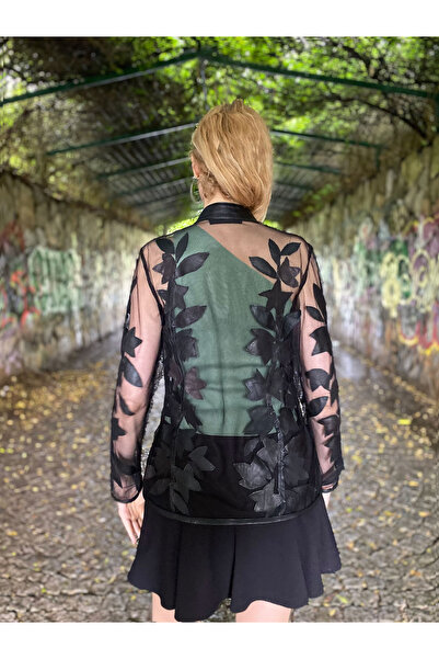 Genel Markalar Hakiki Deri Ceket Tül Üzerine Patchwork İşlemeli Özel Tasarım El Yapımı