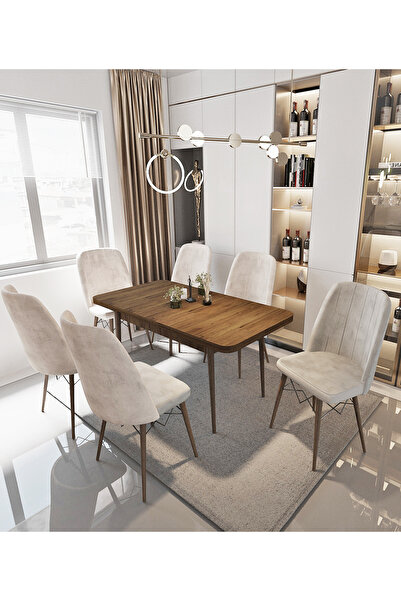 AVVİO Sümela 80x130(KAPALI) 80x170(AÇIK) Yemek Masası Takımı Mutfak Masası Takımı Krem 6 Sandalyeli