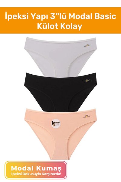 Pastimore Noua generație de mucegai standard pentru bikini, țesătură moale modal, structură mătăsoasă, chiloți de bază modal din 3 piese