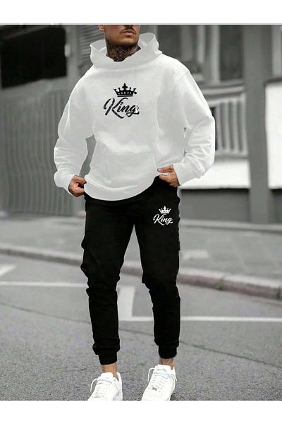 Sky Light King Tracksuit Set White Sweatshirt Black Jogger - Printed Oversize Hoodie