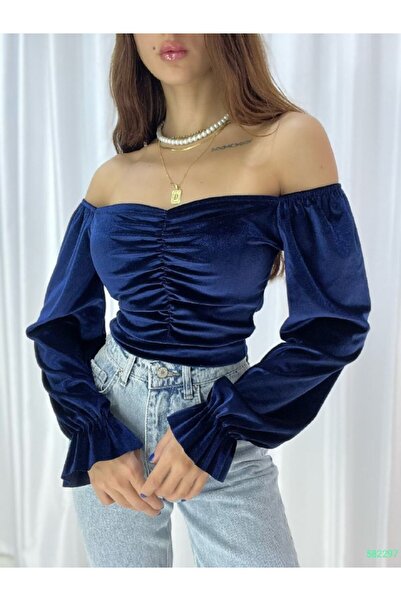 Varyete Bluză din țesătură din catifea, cu gât de barcă, fără umăr