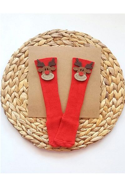 Asa Bebek Çocuk Baby Girl Cute Deer Felted New Year's Stockings Red Knee-Fit New Year's Socks