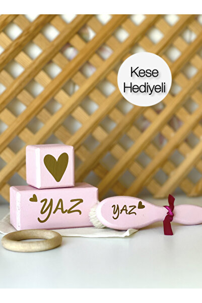 mogokids Pembe gold bebek anı küpü ve bebek saç fırçası kişiye özel