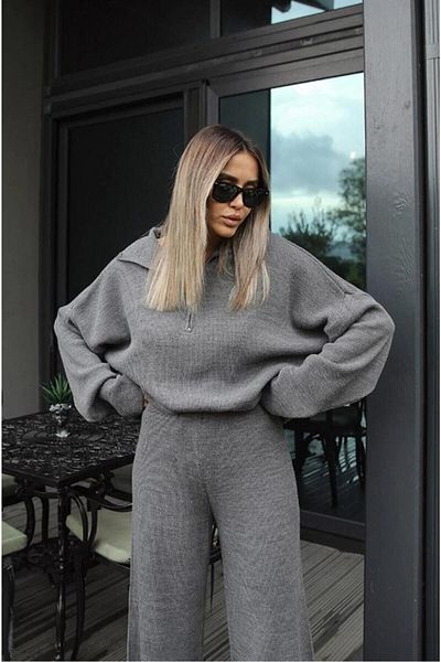 De Pose الربيع محبوك مفصلة سترة كبيرة الحجم السراويل تريكو أسفل أعلى مجموعة