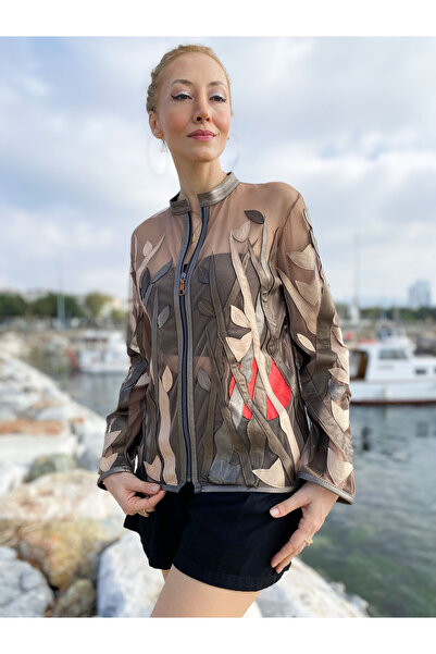 Genel Markalar Hakiki Deri Ceket Tül Üzerine Deri İşlemeli Özel Tasarım El Ya...