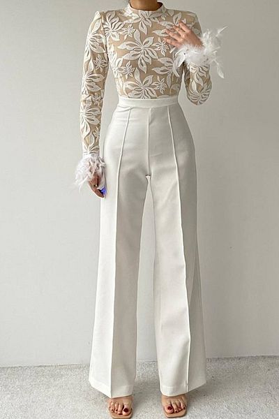 vuvutasarım Special Design Sleeves Feather Detailed Sequin Embroidered Long Sleeve Wide Leg White Evening Dress 180