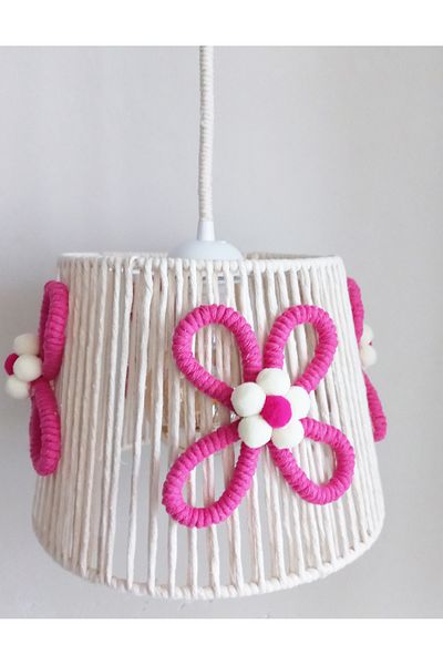 C&A&B KUZEY AVİZE ECRU MACROME ROPE WRAPPED FUCHIA FLOWER POMPOM DESIGN BABY GIRL CHILDREN- YOUTH ROOM PENDANT LIGHT CHANDELIER