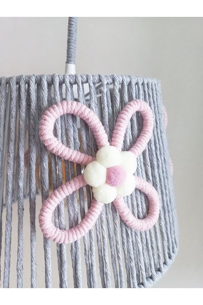 C&A&B KUZEY AVİZE GRAY MACROME ROPE WRAPPED PINK FLOWER POMPOM DESIGN BABY GIRL CHILD-TEACH ROOM PENDANT LIGHT CHANDELIER
