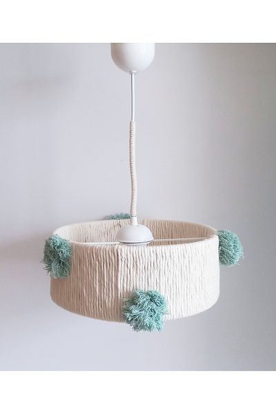 C&A&B KUZEY AVİZE ECRU MACROME ROPE WRAPPED MINT LARGE POMPOM DESIGN BABY - CHILD - YOUNG ROOM DESIGN PENDANT LIGHT CHANDELIER