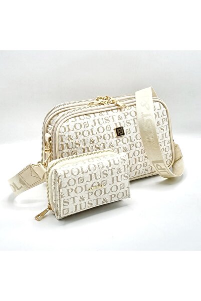 Just Polo مجموعة محفظة نسائية كريمية من Justpolo مكونة من 5 أقسام للكتف وحقيبة كروس