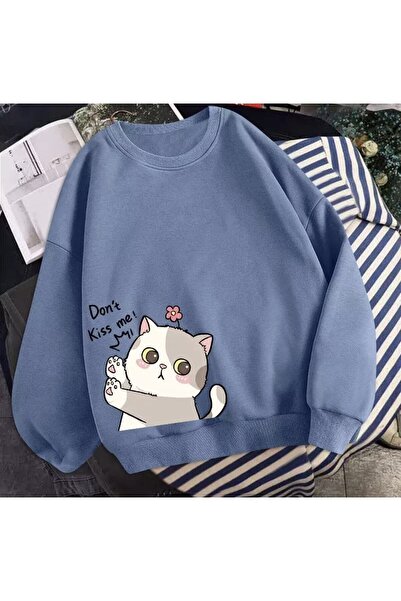 Tarzsokak Bisiklet Yaka Don't Kıss Me Kedicik Baskılı Kalın Tam Kışlık Oversize Kadın Sweatsh MAVİRENK