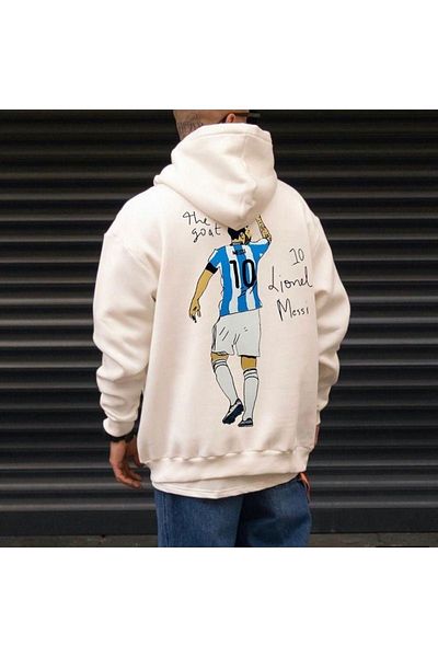 Adrift Men's Ecru Messi Printed Oversize Hooded Sweatshirt benisengiydirmessiseat