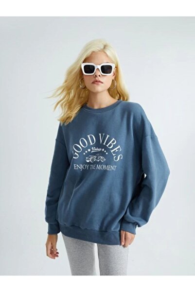 Adrift Ženska plava majica Good Vibes Štampano Oversize kroj okrugla kragna B...