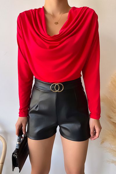 LACHT Women's Long Sleeve Degaje Collar Red Sandy Blouse