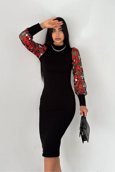 Neşeli Butik women's embroidery balloon sleeve knitwear dress KKLF50 - Black