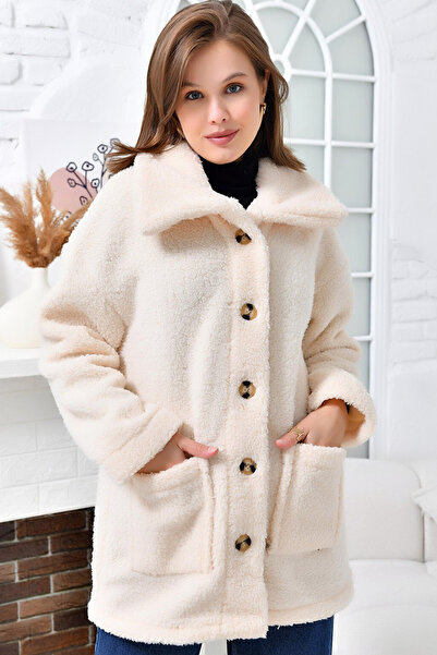 MissKybele Geniş Yakalı Çift Torba Cepli Uzun Kollu Düğme Kapamalı Sıcak ve Y...