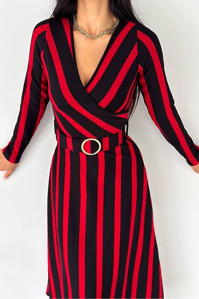 Neşeli Butik rochie cu dungi de lungime midi cu curea de dama KKLF48
