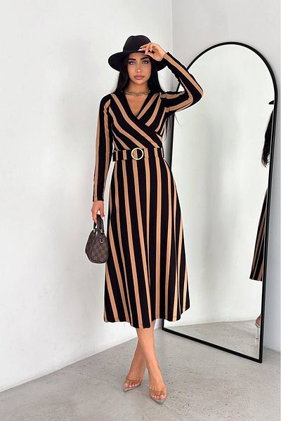Neşeli Butik γυναικείο φόρεμα με ρίγες midi με ζώνη KKLF48