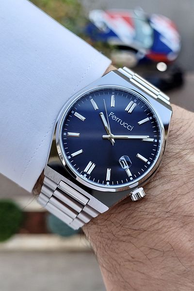 Ferrucci Men's Calendar Wristwatch with Navy Blue Cord Silver Color