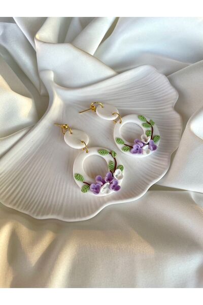 TREND Miyamila Koleksiyonu Mor Çiçekli Tasarım Sallantılı Küpe