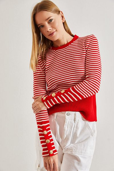 Bianco Lucci Gestreifter Strickpullover für Damen mit geknöpften Ärmeln