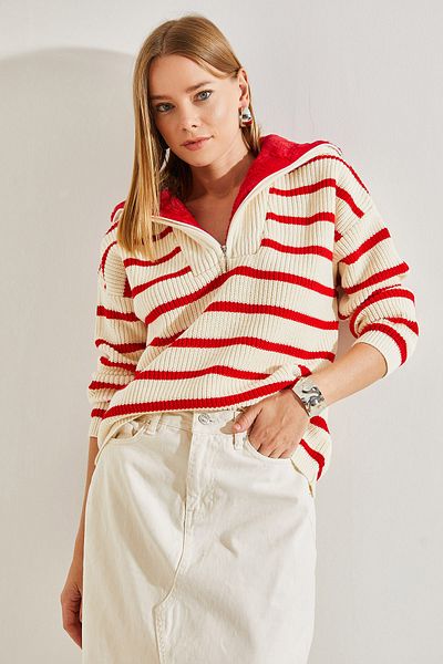Bianco Lucci Gestreifter Damen-Strickpullover mit Pelzkragen und Reißverschluss