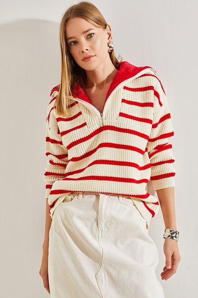 Bianco Lucci Gestreifter Damen-Strickpullover mit Pelzkragen und Reißverschluss