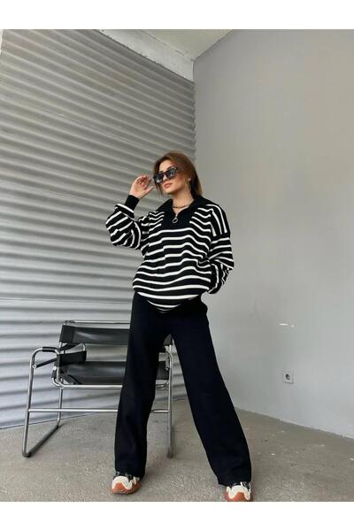 Big Line Set de damă, tunică cu dungi cu fermoar, pulover supradimensionat, p...