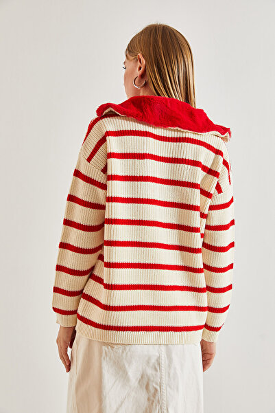 Bianco Lucci Gestreifter Damen-Strickpullover mit Pelzkragen und Reißverschluss