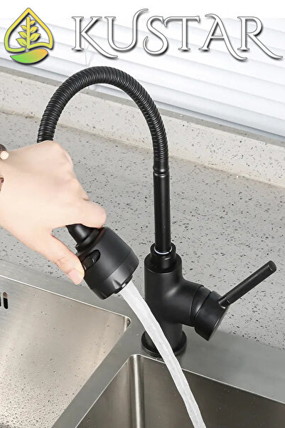 KUSTAR 2 FONKSİYONLU SPİRALLİ 360 DERECE DÖNER BORULU TAM SİYAH ASUR BANYO LAVABO BATARYASI