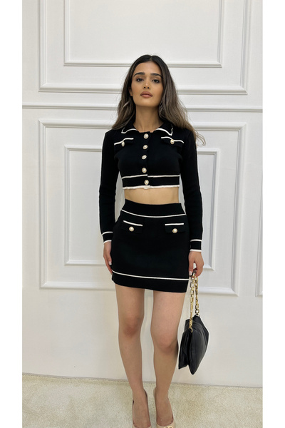 ossons İnci Düğmeli Crop Etek Triko Takım