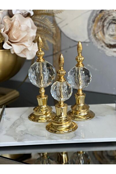 ArzzHome 3'lü Dekoratif Alem Dekorlu Kristal Top Küre & Obje Gold