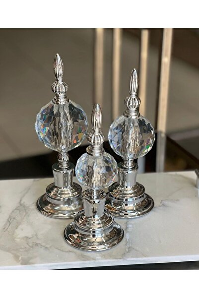ArzzHome 3'lü Dekoratif Alem Dekorlu Kristal Top Küre & Obje Gümüş