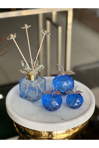 ArzzHome 3'lü Kristal Elma Obje Mavi & Kristal Koku Şişesi Mavi Gold Set