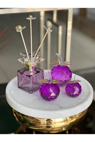 ArzzHome 3'lü Kristal Elma Obje Mor & Kristal Koku Şişesi Mor Gold Set