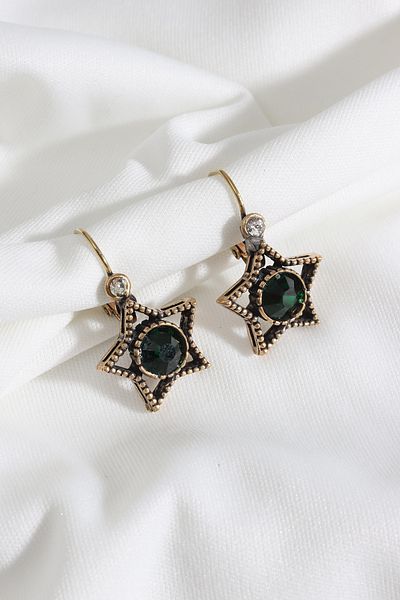 Süspüs Accessories Green Jewelled Antique Earrings with Star Figure