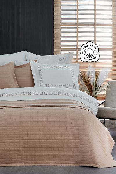 Evlen Home Collection 100% Cotton Embroidered Danilo Duvet Cover Pique Bedspread Dowry Set Hotel (9 PIECES) Cream/ Beige