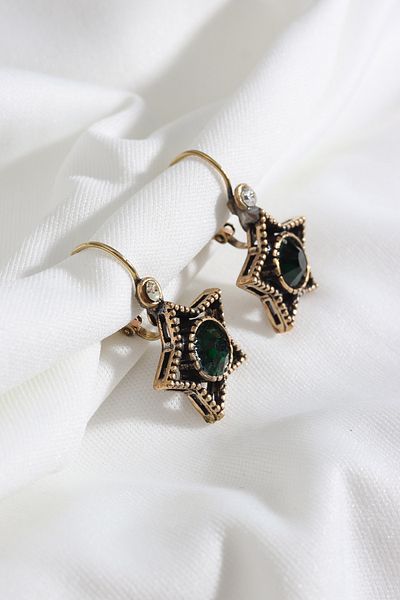 Süspüs Accessories Green Jewelled Antique Earrings with Star Figure