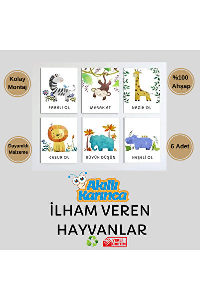 Akıllı Karınca Çocuk Odası Dekorasyonu Ahşap Duvar Tablosu Ilham Veren Hayvanlar Çocuklar Için Ahşap Tablo 6 Adet